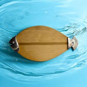 CAST‎ ALUMINUM INLAID WOOD FISH cheese snack TRAY vintage 17" long Chartucherie
